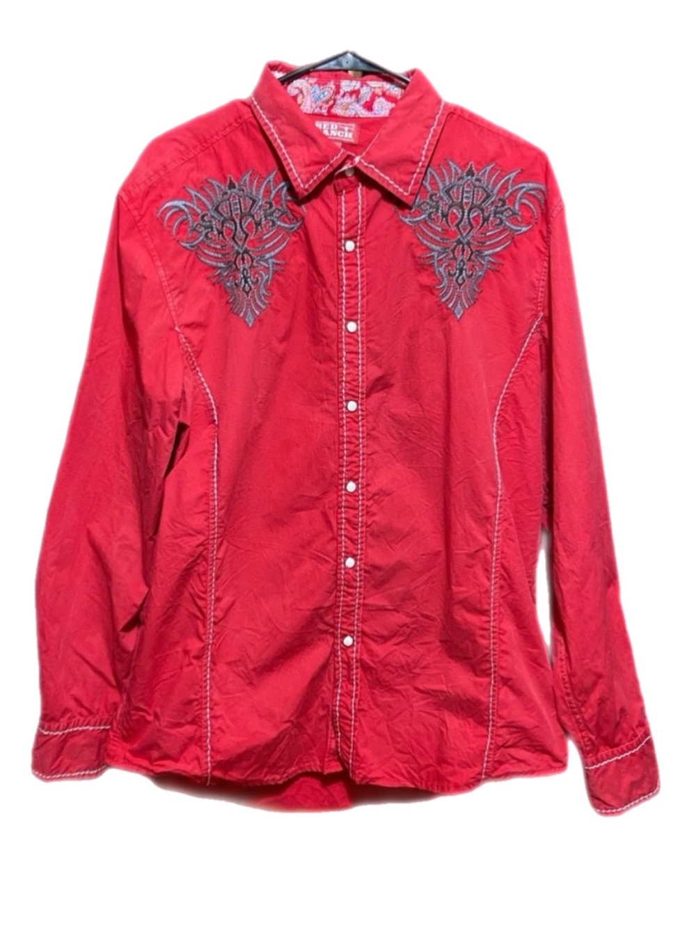 Red Ranch Western Shirt Embroidered Rodeo Bull Riding Snap Buttons Large Cowboy